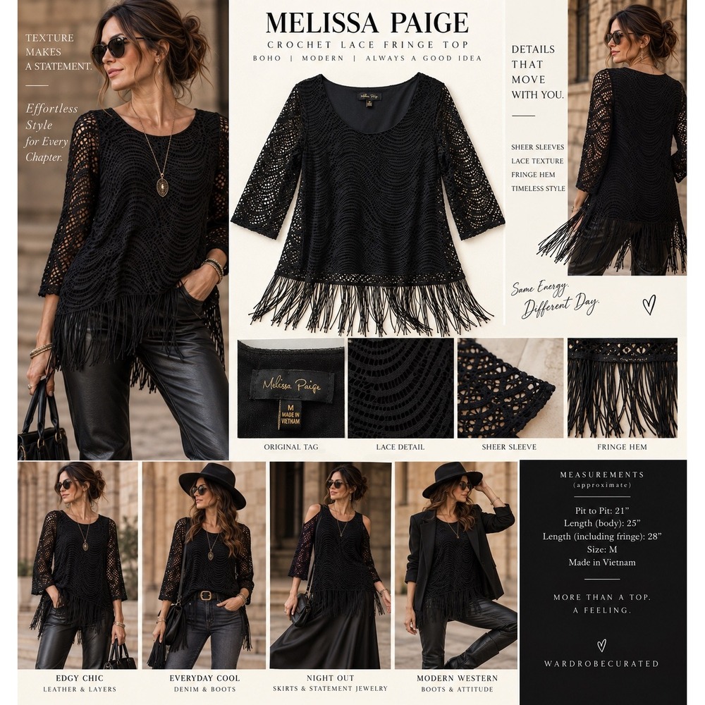 Melissa Paige Black Crochet Lace Fringe Top M Sheer Sleeve Boho Gothic Tunic